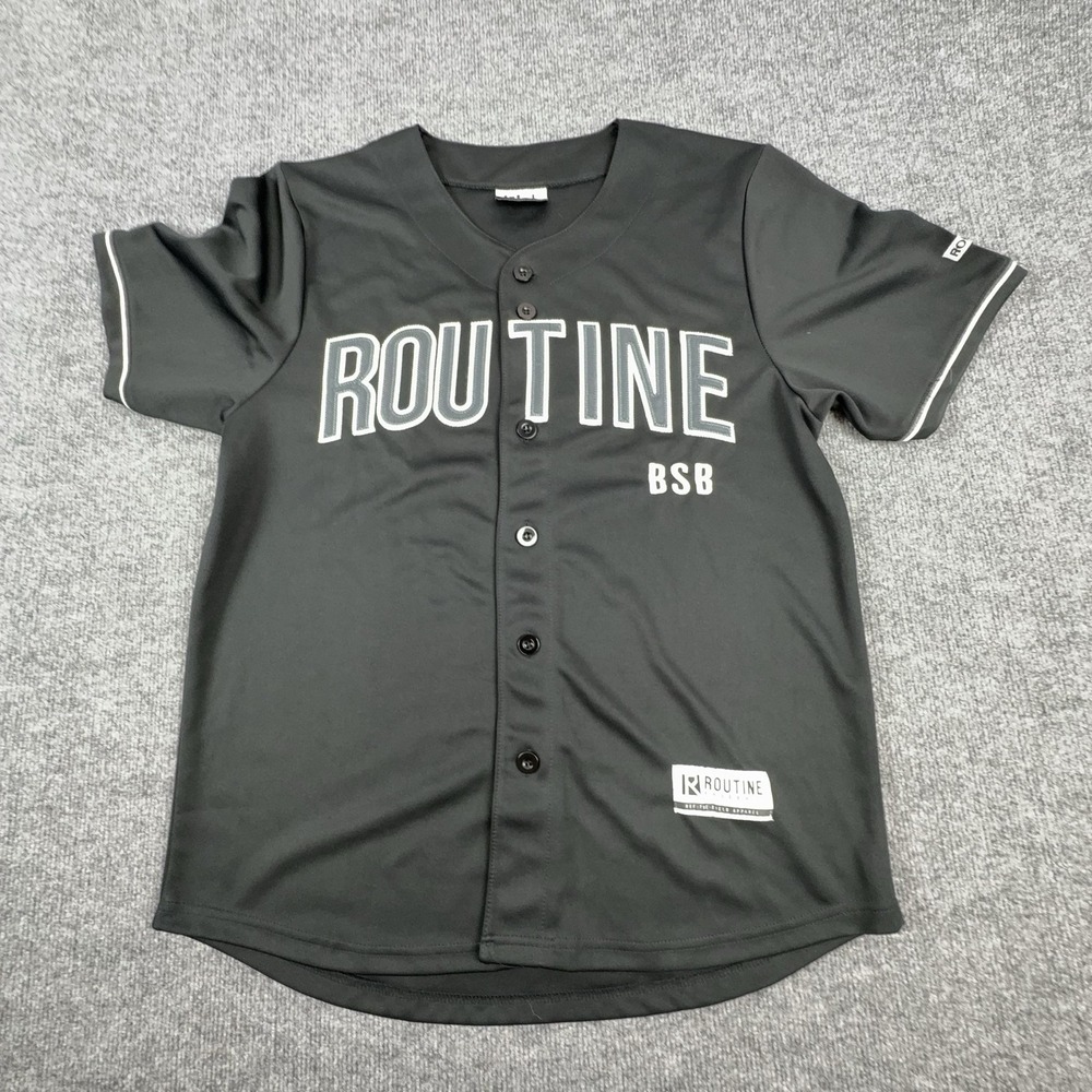 Routine Baseball Shirt Mens Large Black BSB Button Front Jersey Baseball Top